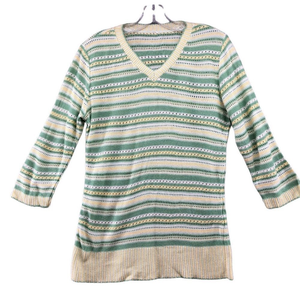 Vintage 80s 90s Pointelle Knit Sweater Womens S/M Open Knit‎ Lightweight Striped